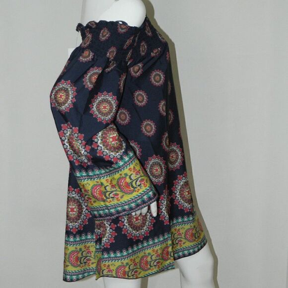 Band of Gypsies Zoe & Rose Dress Blue Floral Off The Shoulder‎ Bell Sleeves Mini - Picture 2 of 16